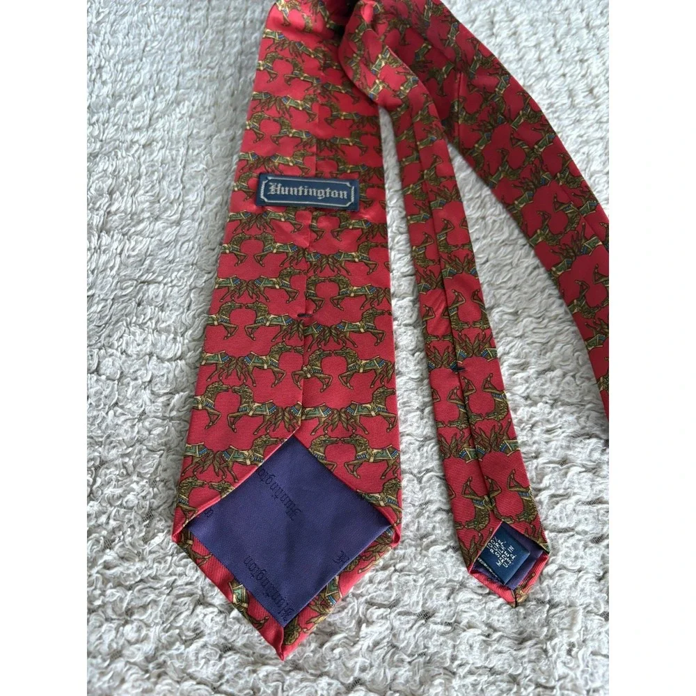 Vtg Huntington Art Deco Regal Horse Equestrian Red Silk Tie USA 90s 3.7x60